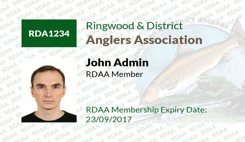 Front details of ringwood and district angling association membership card