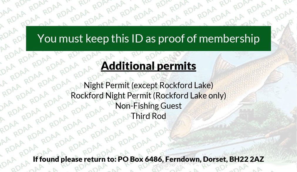 Rear details of ringwood and district angling association membership card